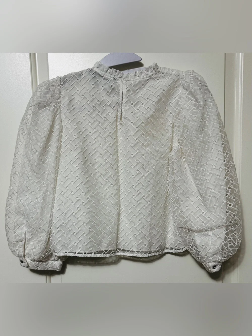 Zara White Embroidered Puff Sleeve Textured Blouse Size S